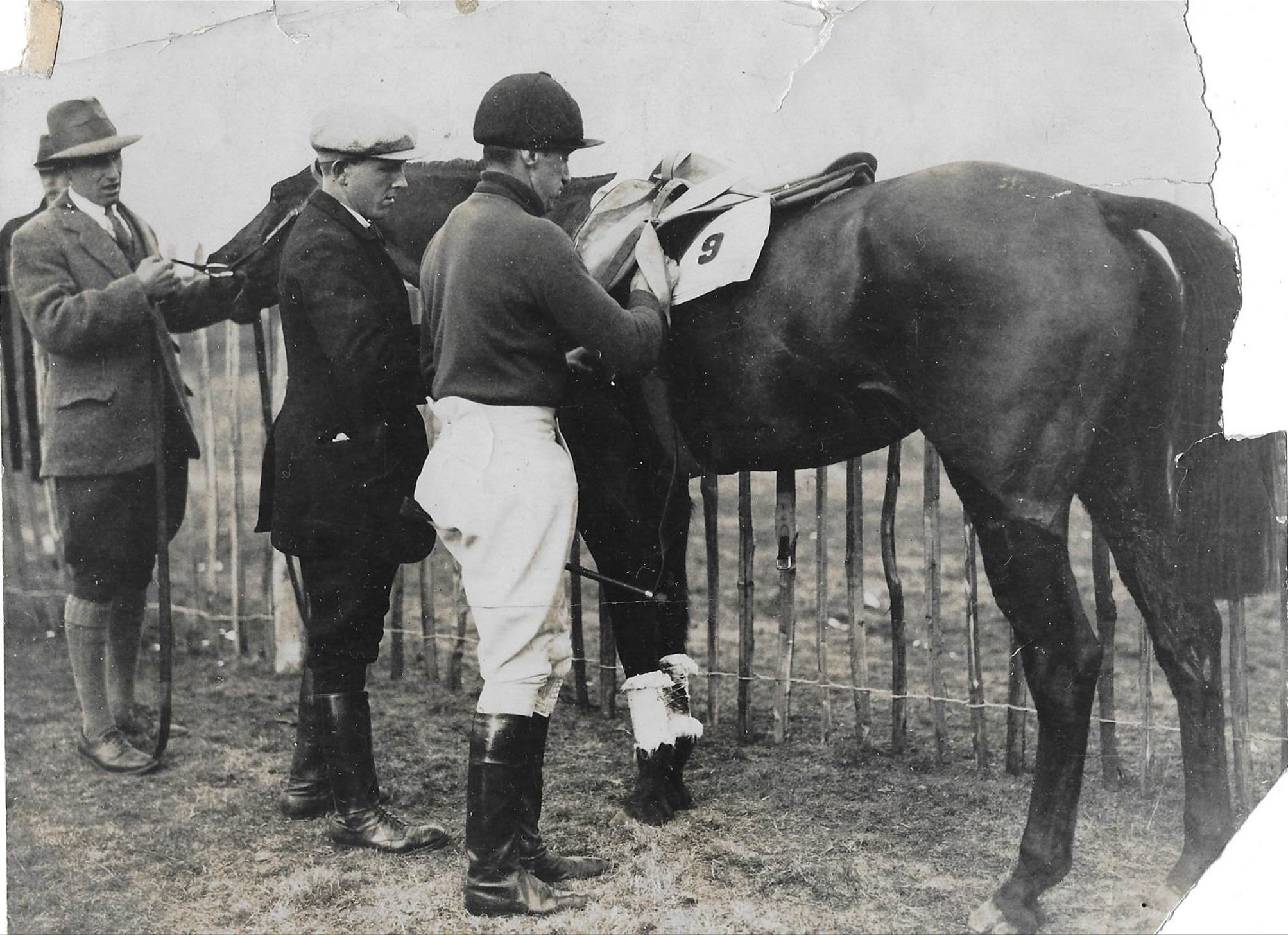 A group of men standing next to a horse

Description automatically generated