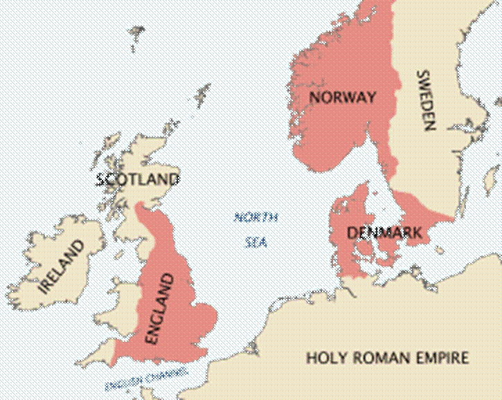 A map of north-western Europe in which Cnut's dominions are depicted in red; there is red over what is now England, Denmark and Norway, the Lothian and Borders region of modern Scotland, as well as a substantial amount of modern Sweden