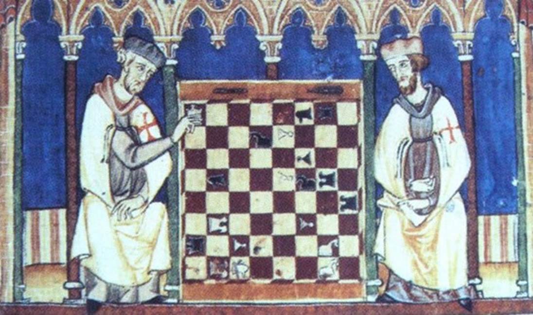 A close-up of a painting of men playing chess

Description automatically generated