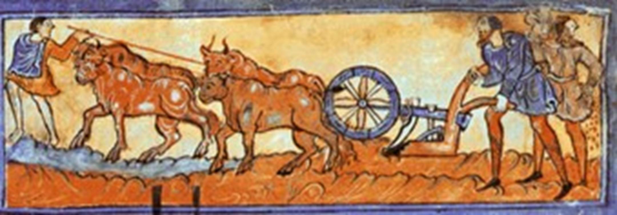 A painting of a bull pulling a cart

Description automatically generated