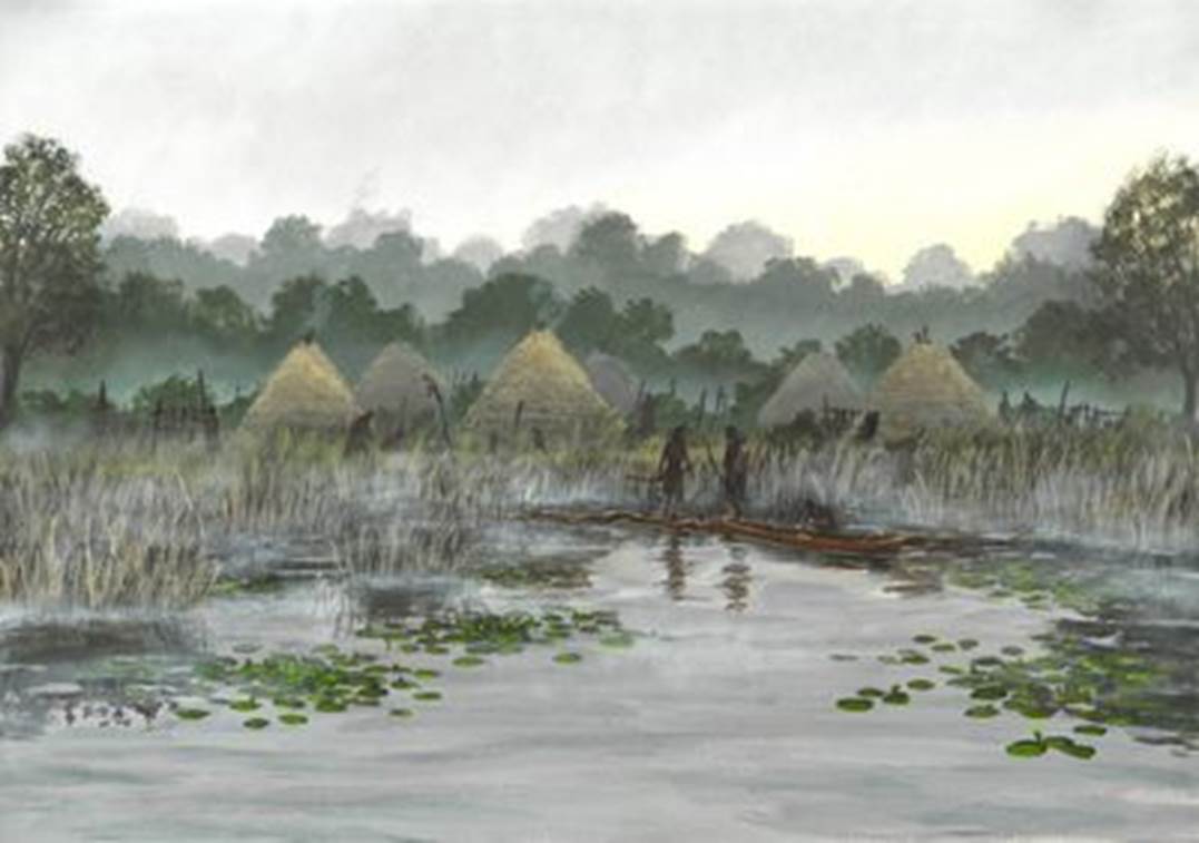 A painting of a lake with a group of huts and a boat

Description automatically generated with medium confidence