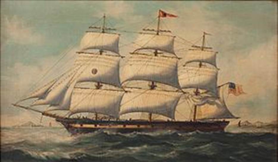 A painting of a ship in the water with USS Constitution in the background

Description automatically generated