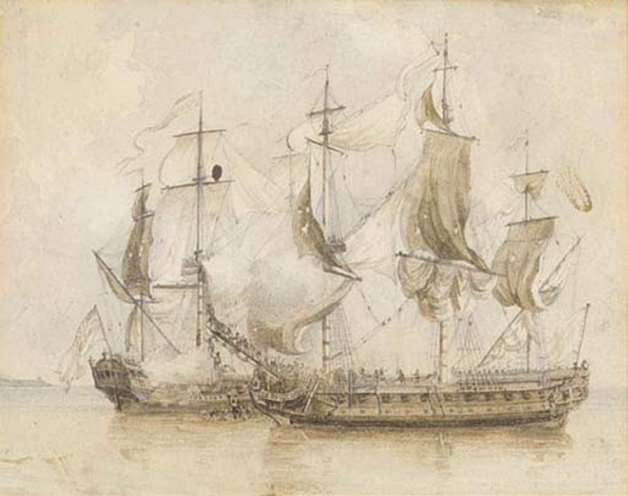 Artwork by Dominic Serres the Elder, H.M.S. Experiment capturing the French privateer Télèmarque, off Alicante, 19th June, Made of pencil and watercolour