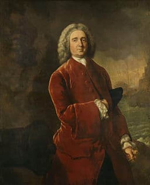 A portrait of Edward Vernon wearing a red suit. He led the English forces in the Battle of Cartagena de Indias.