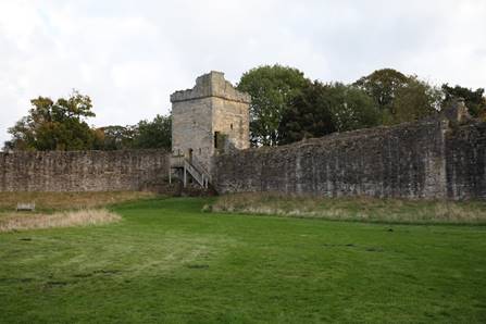 A stone tower in a grassy field with Pickering Castle in the background

Description automatically generated