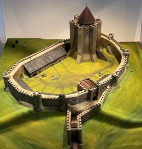 A model of a castle in a glass case

Description automatically generated