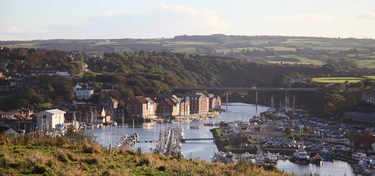 A view of a river with a bridge and buildings

Description automatically generated